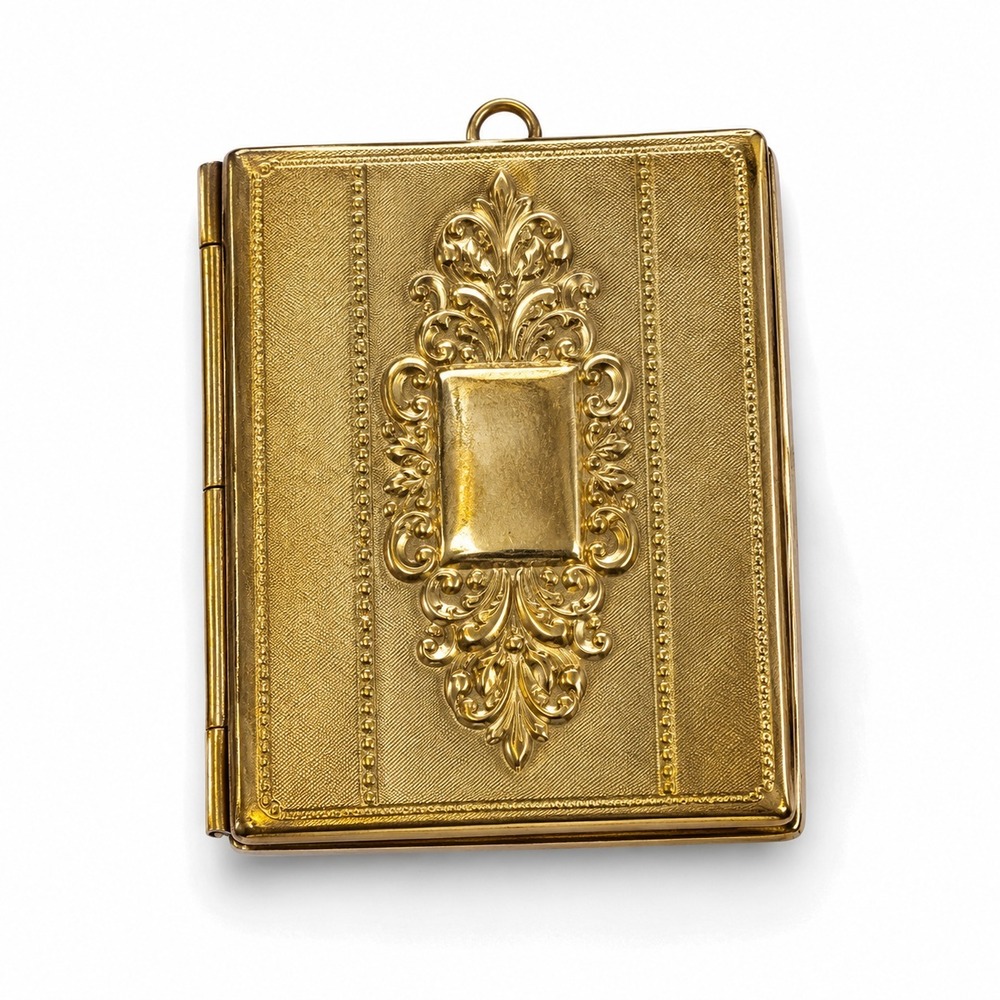 Vintage Gold Tone Book Locket Pendant Ornate Floral Photo Charm Necklace 1.25"